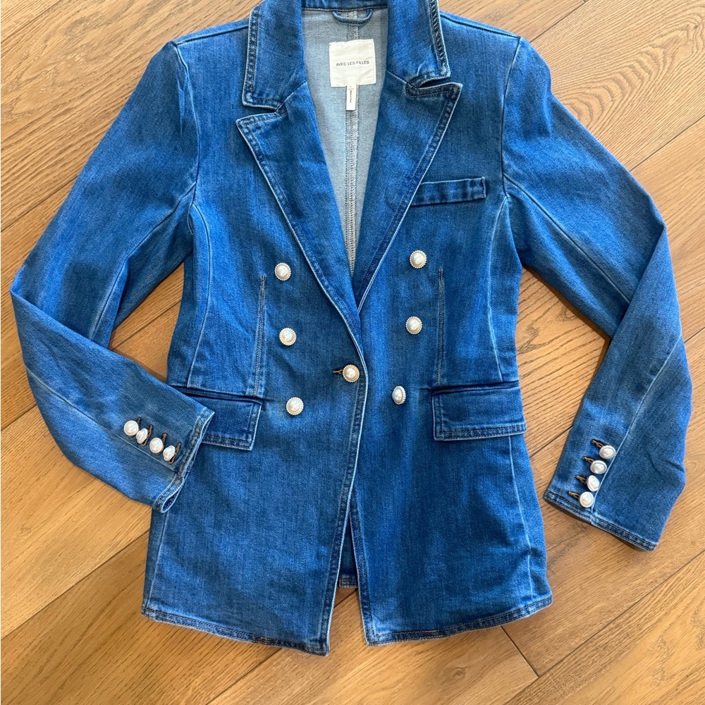 Avec Les Filles Single Breasted Denim Blazer